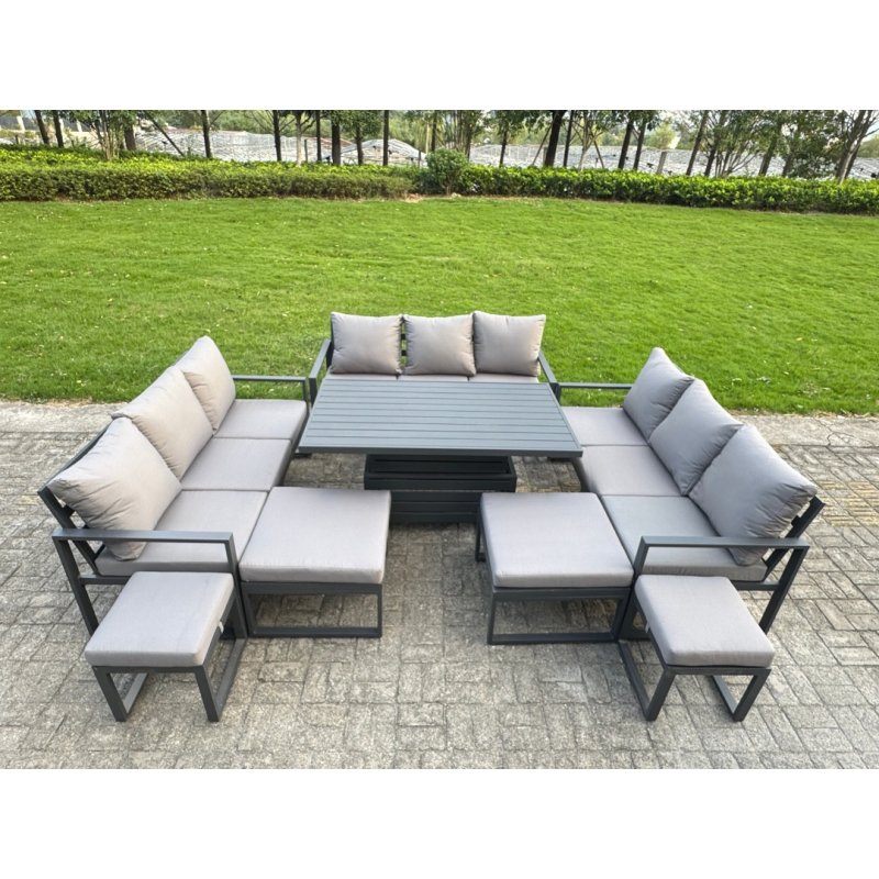 Fimous Aluminum Outdoor Patio Furniture Set Modern Patio Conversation Sets with Adjustable Rising Lifting Dining Table 3 Footstools 2 Side Tables Dark Grey
