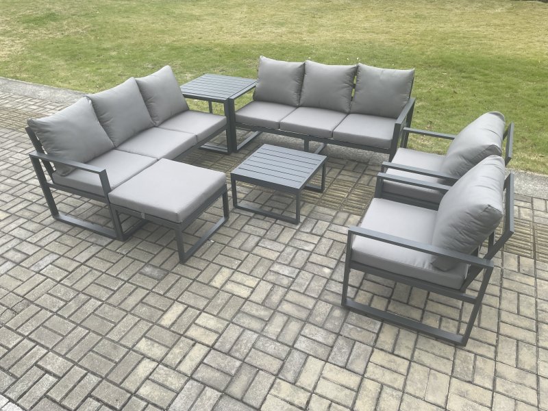 Fimous Aluminium Patio Outdoor Garden Furniture Lounge Sofa Set with Square Coffee Table 2 Chairs Big Footstool Side Table Dark Grey