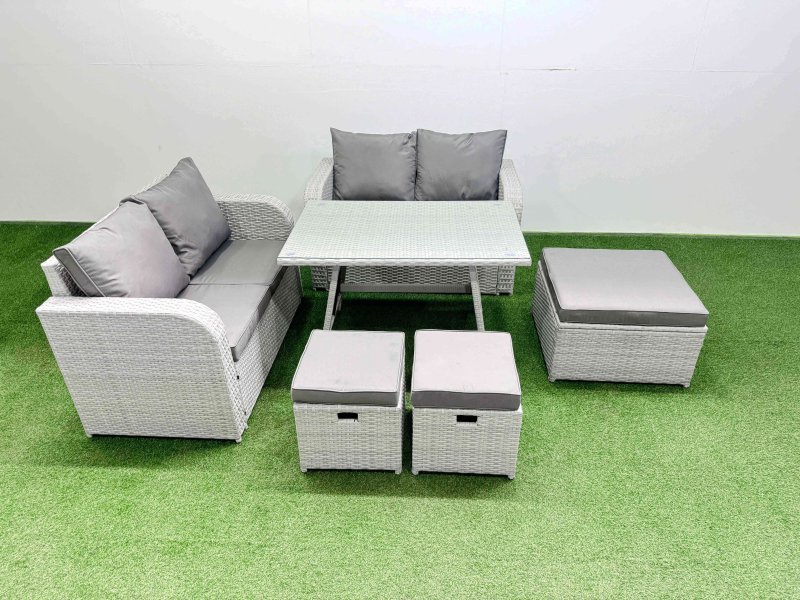 Fimous 7 Seater Outdoor Love Sofa Set Rattan Garden Furniture Set with Rectangular Dining Table 3 Footstools Light Grey