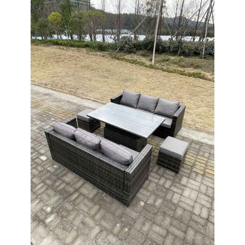 Fimous 8 Seater?Outdoor Rattan Sofa Set Garden Furniture Adjustable Rising Lifting Dining Table Footstools Dark Grey Mixed