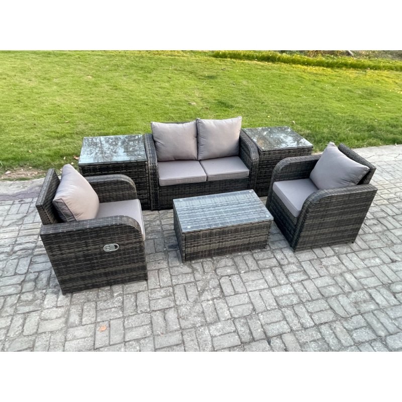 Fimous 6 PC Outdoor PE Rattan Garden Furniture Set Wicker Love Sofa Coffee Table 2 Armchair 2 Side Tables Dark Grey Mixed