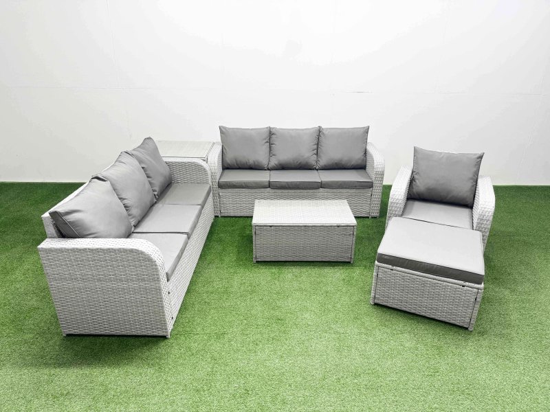 Fimous 8 Seater Poly Rattan Outdoor Garden Furniture Sofa Set Patio 3 Seater Sofa Reclining Chair 3 Seater Sofa Big Footstool Side Table Light Grey
