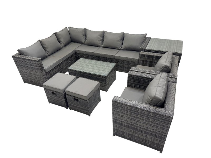 Fimous Outdoor Rattan Rectangular Coffee Table Corner Sofa Sets Garden Furniture Set with 2 Chairs 2 Small Stools Side Table Dark Grey Mixed
