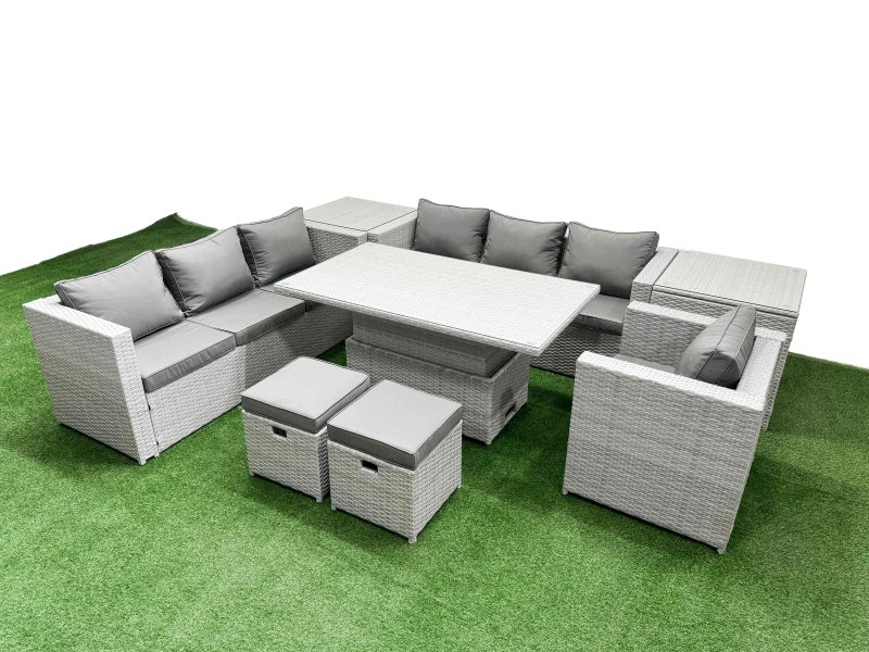 Fimous 8 PCs Rising Dining Table Set Rattan Furniture Set with 3 Seater Sofa Chair 2 Small Footstools 2 Side Tables Light Grey