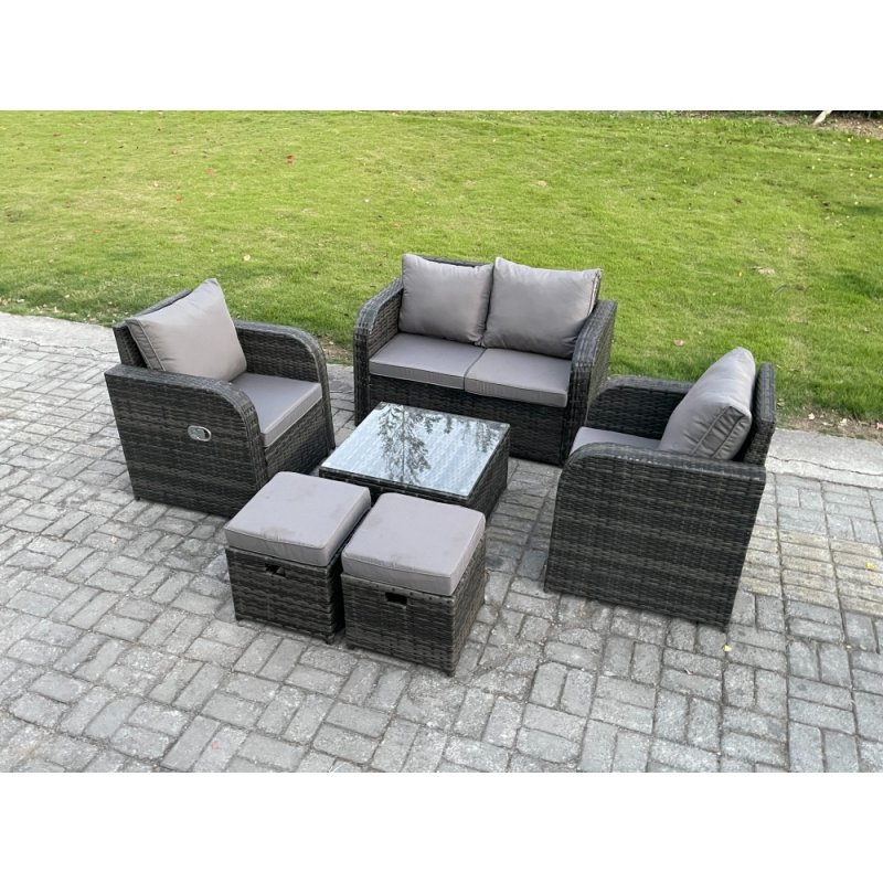 Fimous Rattan Garden Furniture Set Patio Conservatory Indoor Outdoor 6 Piece Set with Love Sofa Square Coffee Table 2 Small Footstools