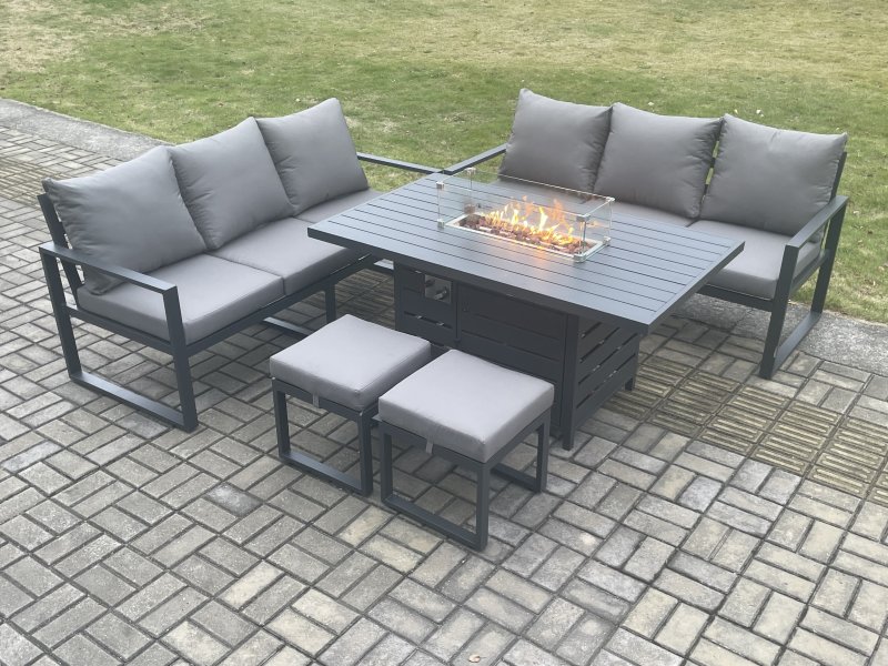 Fimous Aluminium 8 Seater Outdoor Garden Furniture Lounge Sofa Set Gas Fire Pit Dining Table with 2 Small Footstools Dark Grey