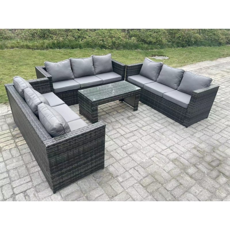 Fimous Outdoor 3 PC Three Seater Ssofa Rattan Garden Furniture Lounge Sofa Set With Oblong Rectagular Coffee Table