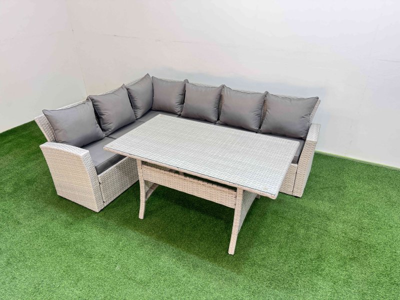 Fimous 6 Seater Rattan Garden Furniture Set Outdoor Patio Dining Corner Sofa Sets with Dining Table Light Grey Mixed