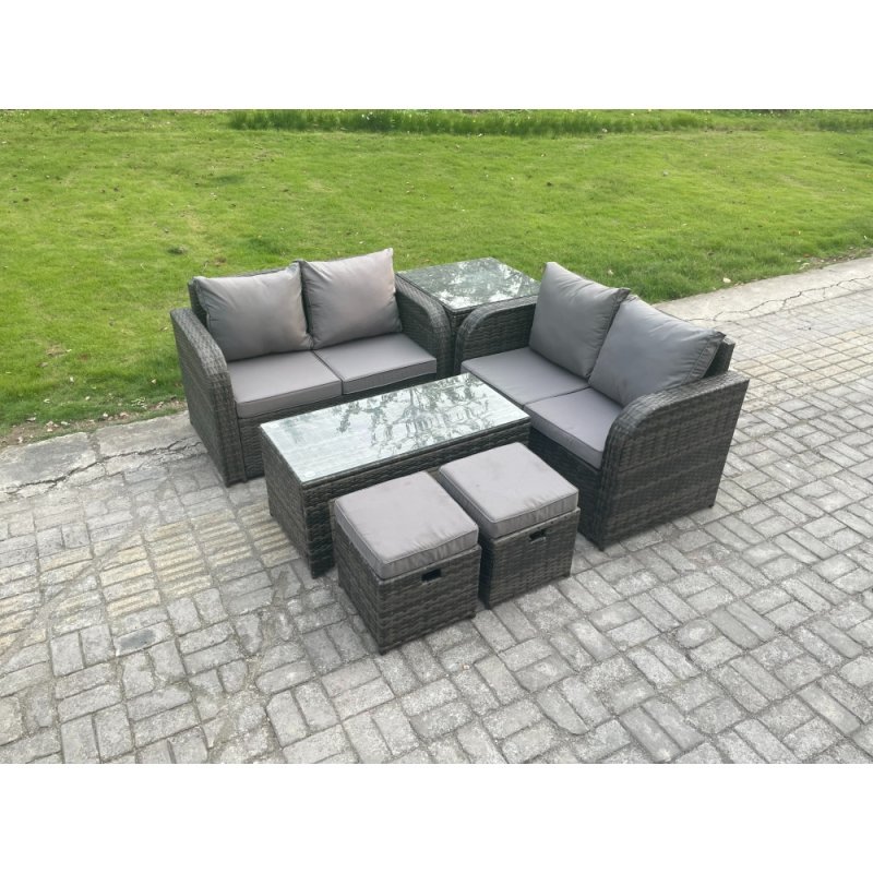 Fimous High Back Rattan Garden Furniture Set with Loveseat Sofa Rectangular Coffee Table 2 Small Footstools Side Table Indoor Outdoor Patio Lounge Sofa Set Dark Grey Mixed