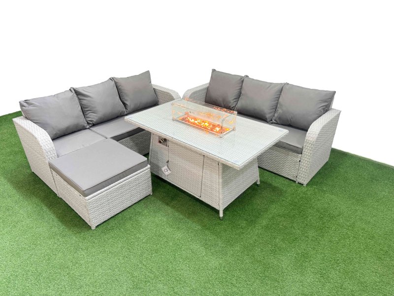 Fimous Outdoor Garden Furniture Sets 7 Seater Wicker Rattan Furniture Sofa Sets with Firepit Dining Table high Back Lounge Sofa Big Footstool Light Grey