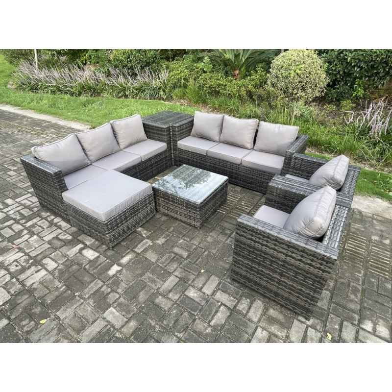 Fimous Outdoor Rattan Garden Furniture Set 9 Seater Patio Lounge Sofa Set with 2 Armchairs Side Table Square Coffee Table Big Footstool Dark Grey Mixed