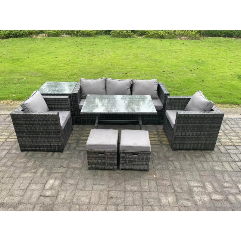 Fimous 7 Seater Rattan Outdoor Furniture Garden Dining Set with Lounge Sofa Dining Table 2 Armchairs Small Stools Dark Grey Mixed