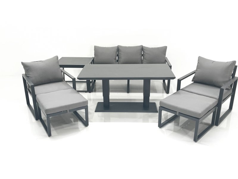Fimous Outdoor Aluminium Garden Furniture Set with Adjustable Rising Lifting Dining Table 3 Seater Sofa 2 Chair 2 Big Footstools Side Table Dark Grey