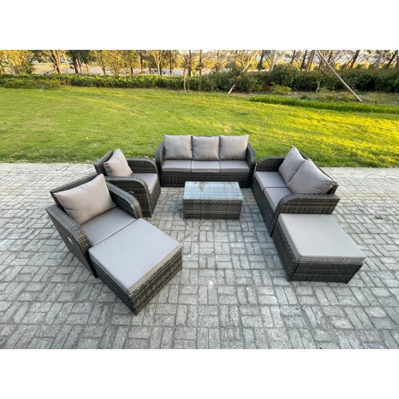Fimous Wicker PE Rattan Garden Furniture Set 9 Seater Outdoor Lounge Sofa Set with Love Sofa Coffee Table 2 Big Footstool Dark Grey Mixed