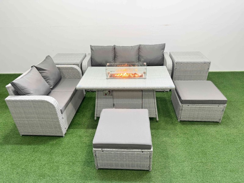 Fimous 7 Seater PE Rattan Wicker Garden Furniture Patio Conservatory Sofa Set with Firepit Dining Table 3 Seater Sofa Love Sofa 2 Big Footstool 2 Side Table