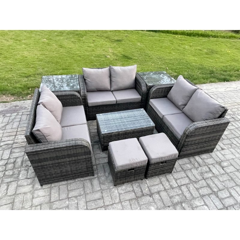 Fimous Wicker PE Rattan Garden Furniture Set 8 Seater Outdoor Lounge Sofa Set with Love Sofa Coffee Table 2 Side Tables 2 Small Footstools Dark Grey Mixed