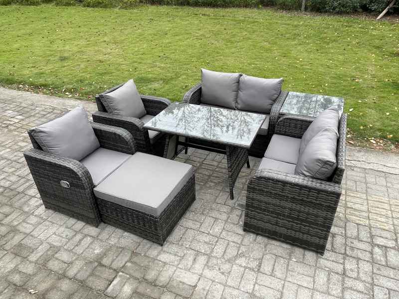 Fimous Wicker PE Rattan Garden Dining Set Outdoor Furniture Sofa with Rectangular Dining Table Big Footstool Side Table Dark Grey Mixed
