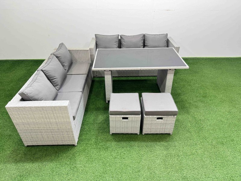 Fimous Rattan Garden Furniture Dining Set 8-seater Patio Rectangular Table Sofa Set with 2 Small Stools Light Grey