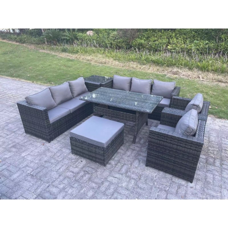 Fimous Outdoor Garden Furniture Rattan Lounge Sofa Set Patio Rectangular Dining Table with 2 Armchair Side Table Big Footstool 9 Seater Dark Grey Mixed