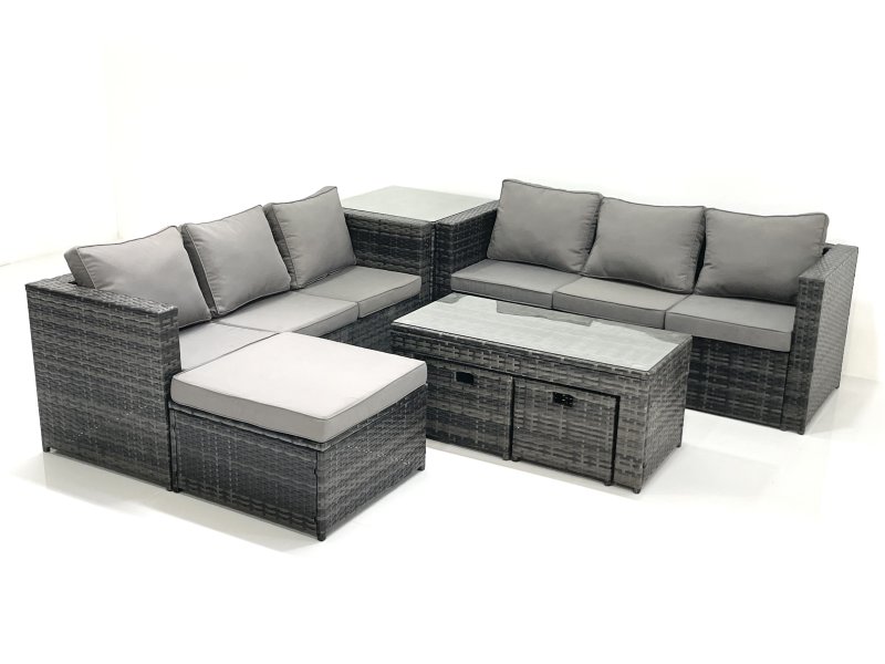 Fimous Garden Outdoor Rattan Furniture Set with Sofa Coffee table 3 Footstools Side Table Dark Grey Mixed