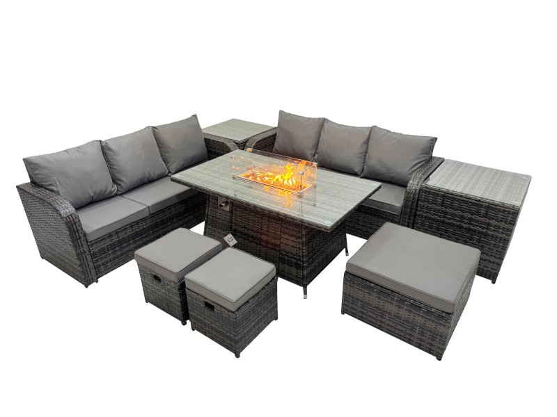 Fimous Garden Outdoor Rattan Furniture Set Rattan 3 Seater Sofa with 3 Stools 2 Side Tables Dark Grey Mixed