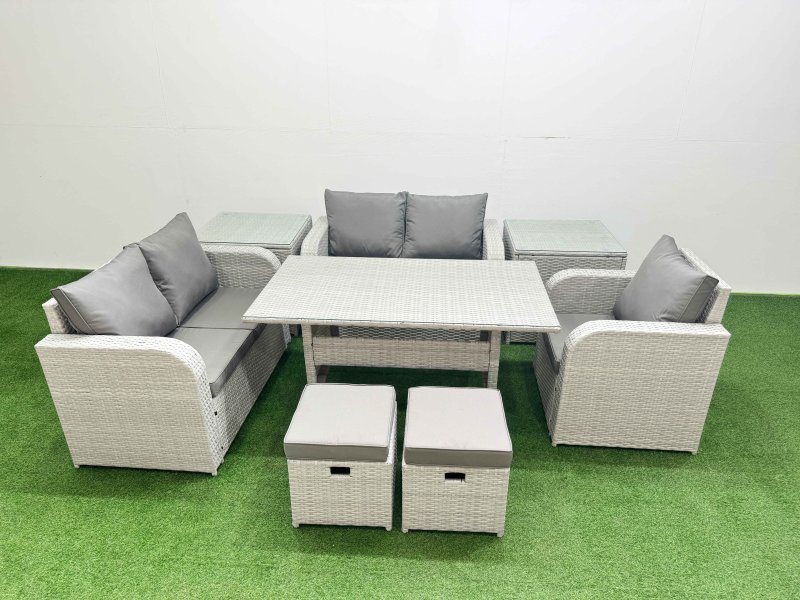 Fimous High Back Poly Rattan Garden Furniture Set with Reclining Chair Loveseat Sofa Rectangular Dining Table Indoor Outdoor Patio Set 2 Stool 2 Side Table Light Grey