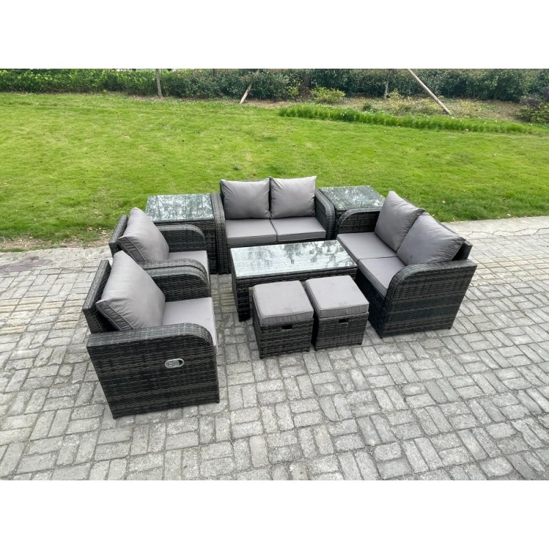 Fimous 9 Piece Rattan Garden Furniture Set Outdoor Patio Sofa, Table and Chairs Coffee Table 2 Small Footstools Ideal for Pool Side, Balcony, Outdoor and indoor Conservatory Patio Set