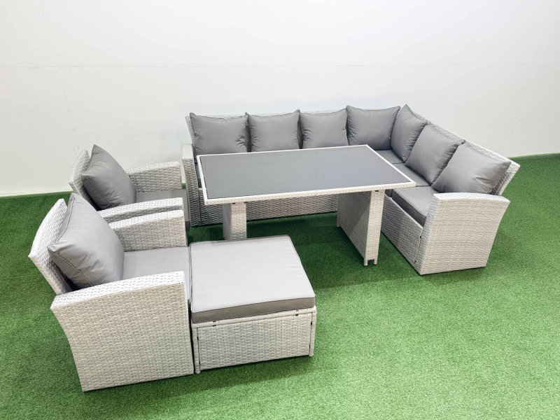 Fimous Outdoor Garden Furniture Sets 9 Seater Wicker Rattan Corner Sofa Sets with Rectangular Dining Table Lounge Sofa Big Footstool Light Grey