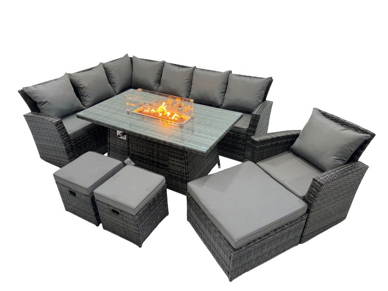 Fimous Poly Rattan Outdoor Patio Gas Firpit Dining Table Corner Sofa Set with 3 Stools Chair for Garden Backyard Dark Grey Mixed