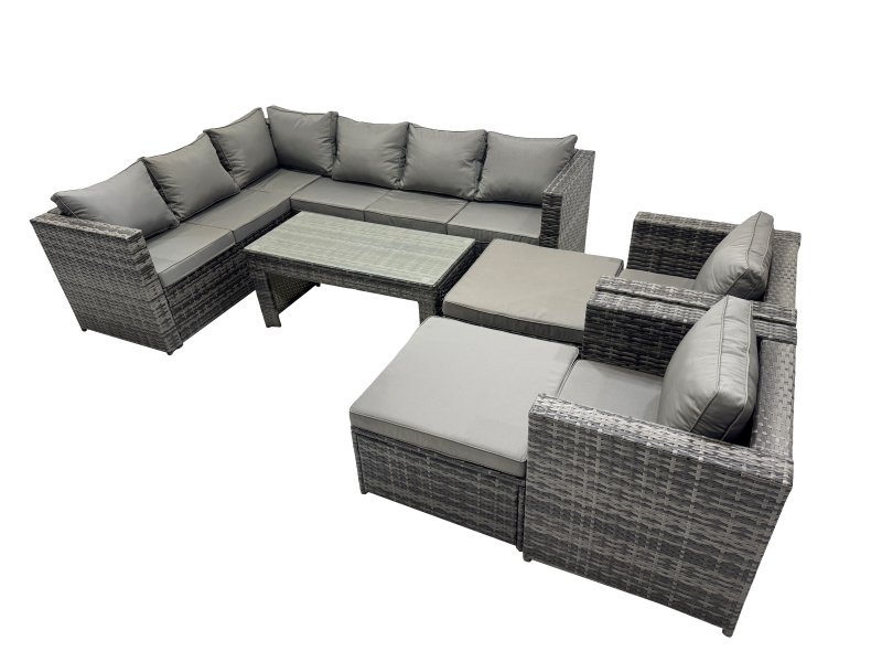 Fimous 7 Pieces Outdoor PE Rattan Garden Furniture Corner Sofa Oblong Coffee Table Set with Cushions Chair 2 Big Footstools Dark Grey Mixed
