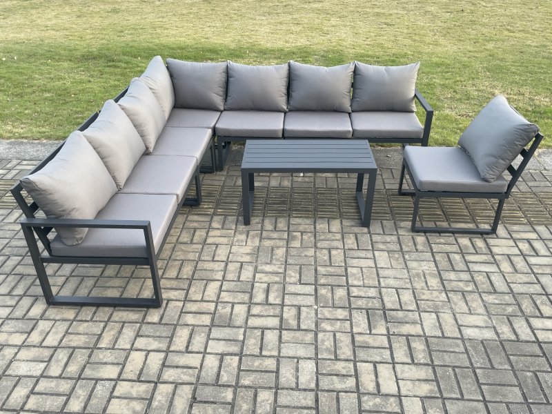 Fimous Aluminium 8 Seater Patio Outdoor Garden Furniture Lounge Corner Sofa Set with Oblong Coffee Table Dark Grey