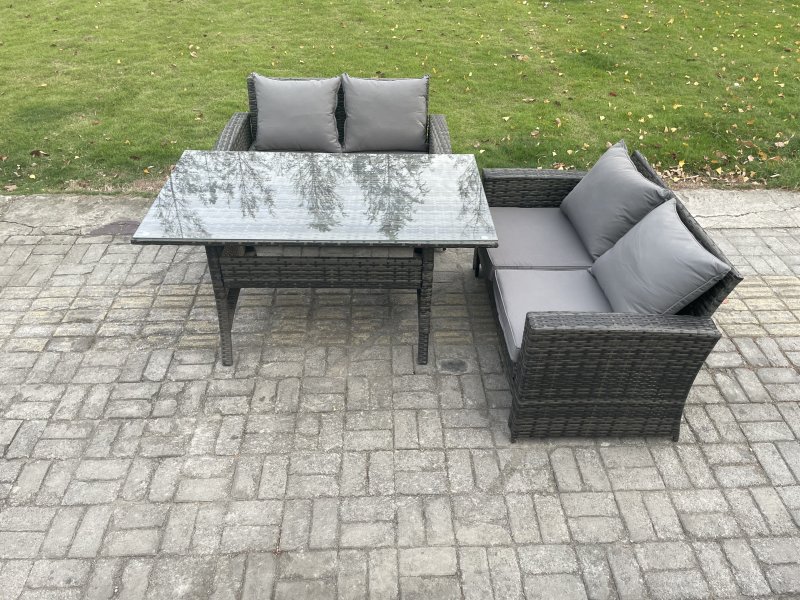 Fimous Dark Grey PE Wicker Rattan Garden Furniture Set Love Sofa Outdoor Rectangular Dining Table