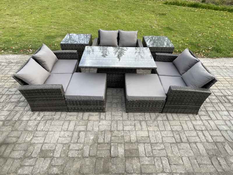 Fimous Wicker PE Rattan Garden Furniture Set Height Adjustable Rising Lifting Table Sofa Dining Set with Double Seat Sofa 2 Big Footstool 2 Side Tables Dark Grey Mixed