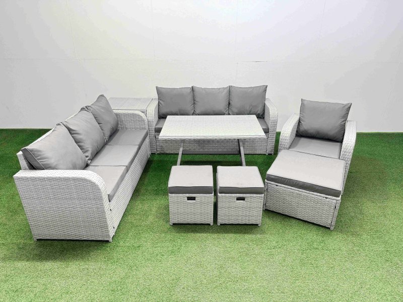 Fimous 8 Pieces Outdoor PE Rattan Garden Furniture with Cushions Reclining Chair Side Table 3 Stool Light Grey