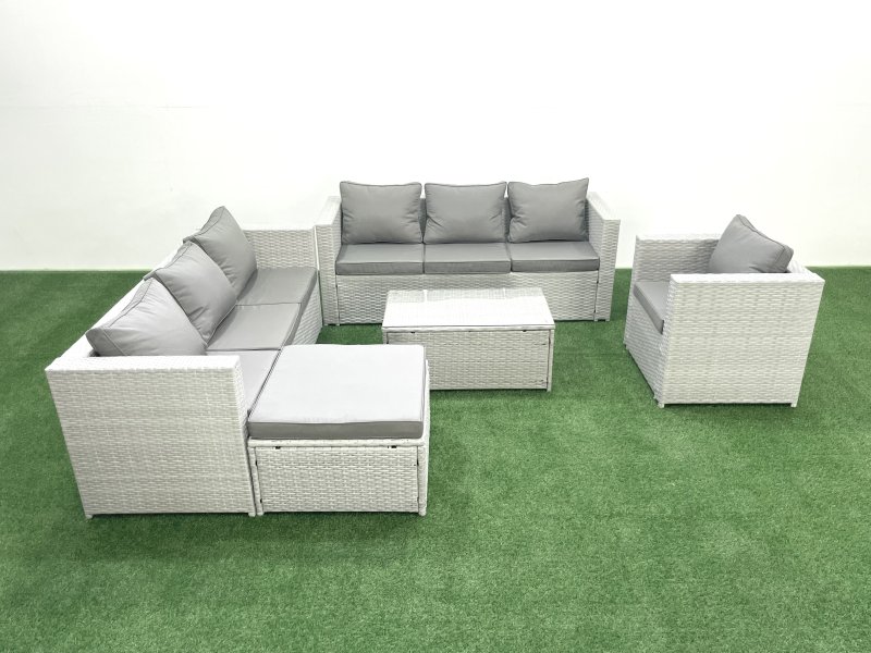Fimous Wicker PE Rattan Sofa Garden Furniture Set with Armchair Oblong Coffee Table Big Footstool Light Grey Mixed