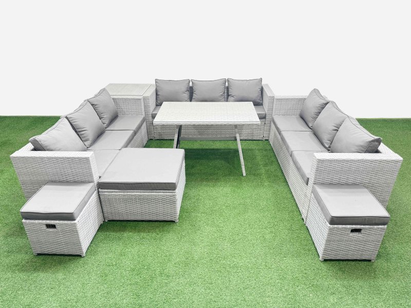 Fimous 12 Seat Outdoor Patio PE Rattan Garden Furniture with Cushions 3 Seater Sofa Side Table 3 Stool Light Grey