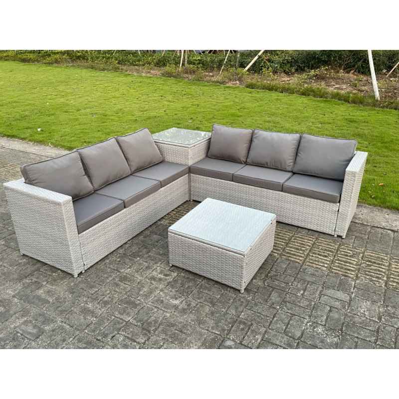 Fimous 6 Seater PE Wicker Light Grey Rattan Garden Corner Sofa Sets Outdoor Patio Furniture Coffee Table
