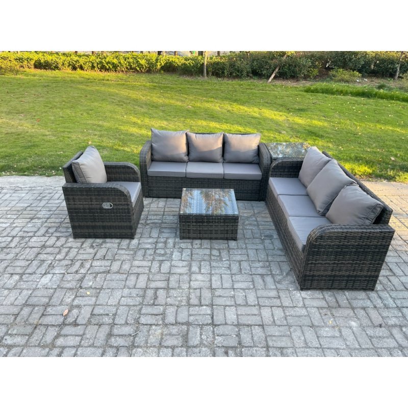 Fimous Outdoor Rattan Garden Furniture Set Conservatory Patio Sofa Coffee Table With Reclining Chair Side Table Dark Grey Mixed
