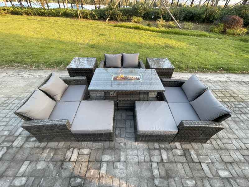 Fimous High Back Rattan Garden Furniture Sofa Sets with Outdoor Furniture Gas Firepit Dining Table Set 2 Big Footstool 2 Side Tables Dark Grey Mixed