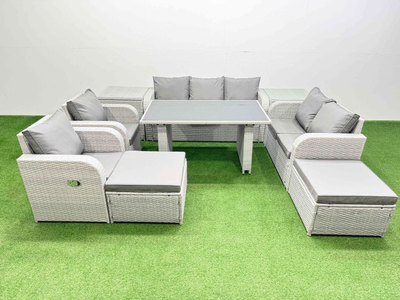Fimous 9 Seater Garden Furniture Set PE Ratten Garden Sofa Set with Rectangular Dining Table 2 Big Stool 2 Side Tables Light Grey