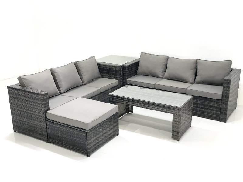 Fimous Garden Outdoor Rattan Furniture Set with Sofa Coffee table Big Footstool Side Table Dark Grey Mixed