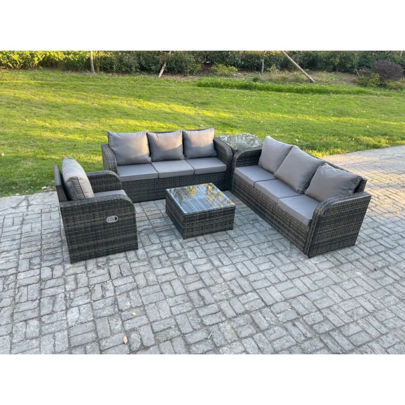 Fimous Outdoor Rattan Garden Furniture Set Conservatory Patio Sofa Coffee Table With Reclining Chair Side Table Dark Grey Mixed