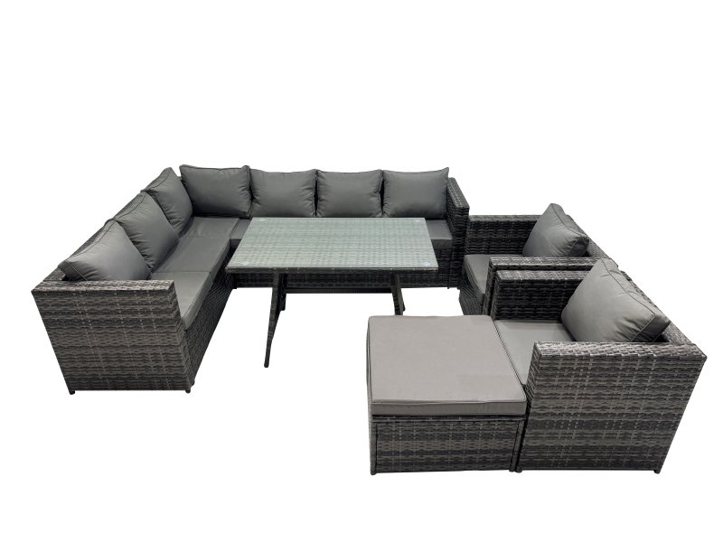 Fimous 9-seater Outdoor PE Rattan Sofa Set with Dining Table Patio Garden Furniture Sets with 2 Chair Big Stool Dark Grey Mixed