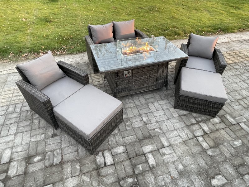 Fimous 6 Seater Rattan Garden Furniture Set Outdoor Lounge Sofa Chair Gas Fire Pit Dining Table Set With 2 Big Footstool Double Seat Sofa Armchiar
