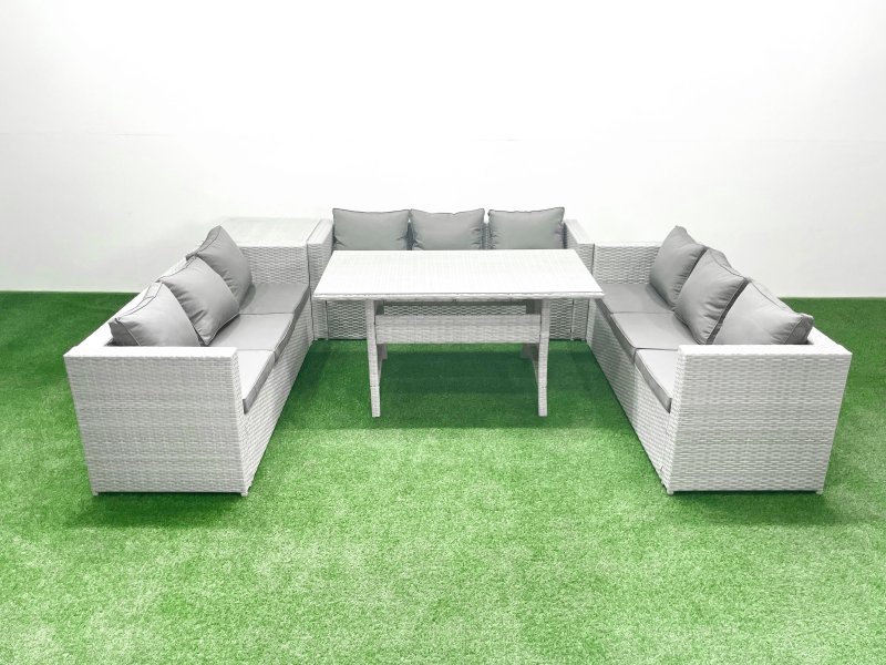 Fimous Rattan Garden Outdoor Furniture Set 9 Seater Garden Sofa Rectangulr Dining Table Set with Side Table Light Grey Mixed