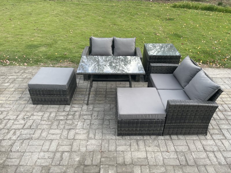 Fimous 6 Seater Garden Dining Set Wicker PE Rattan Outdoor Furniture Sofa with Rectangular Dining Table Double Seat Sofa 2 Big Footstool Side Table Dark Grey Mixed
