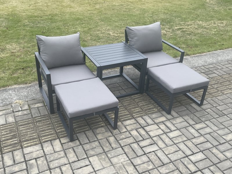 Fimous Aluminium 5 Pieces Garden Furniture Sofa Set Chair And Footstool with Table Including Cushions Dark Grey