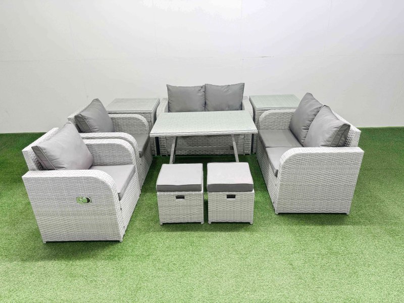Fimous 8 Seater Rattan Garden Furniture Set Outdoor Love Sofa Set with Rectangular Dining Table 2 Side Tables 2 Small Footstools Light Grey