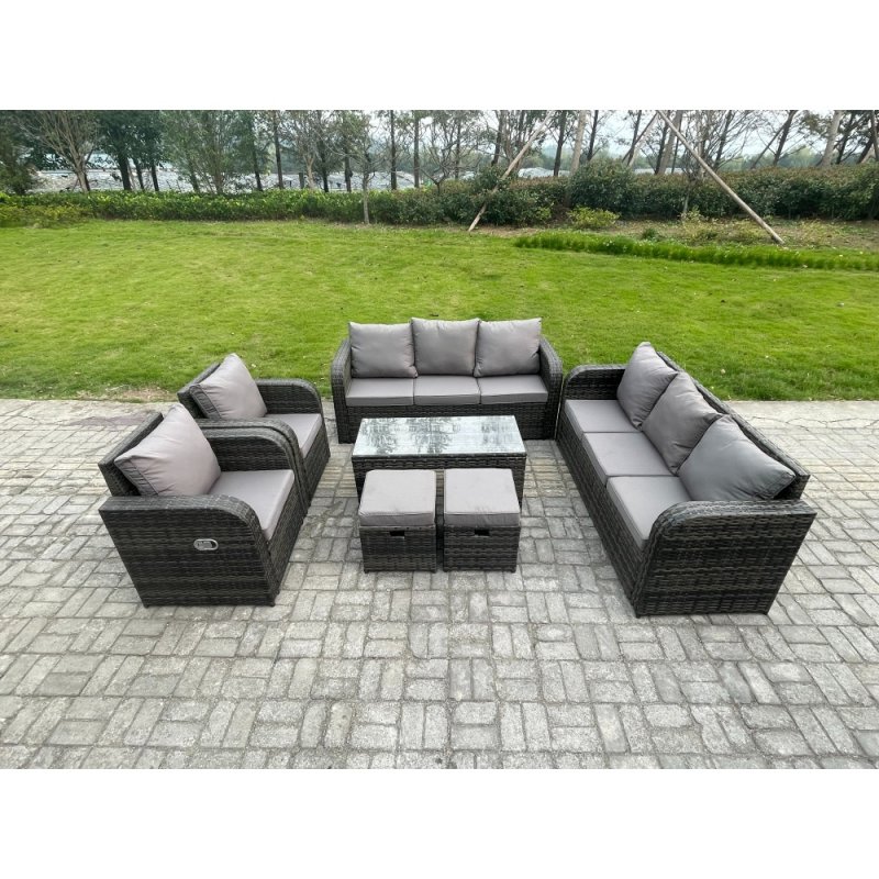 Fimous Patio Garden Furniture Sets Wicker 10 Seater Outdoor Rattan Furniture Sofa Sets with Rectangular Coffee Table Reclining Chair 2 Small Footstools