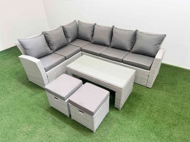Fimous Rattan Garden Furniture Set Outdoor 8 Seater Corner Sofa Sets with Oblong Coffee Table 2 Small Footstools Light Grey Mixed